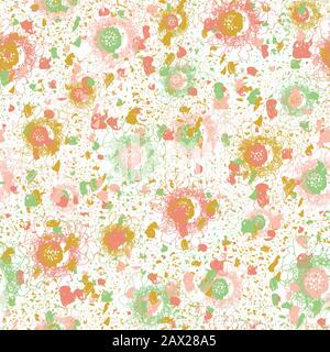 Seamless abstract vector pattern with scattered shapes and lines in pink yellow green on white background Stock Vector