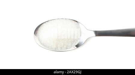 Spoon with sugar isolated on white background, close up Stock Photo