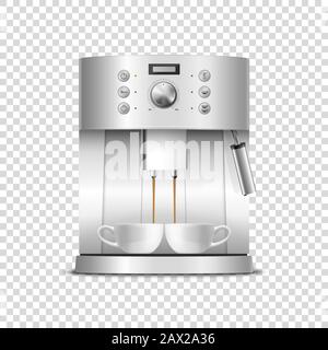 Vector 3d Realistic Modern Metal Chrome Steel Silver Espresso Coffee Machine with Two White Coffee Mugs Closeup Isolated on Transparent Background Stock Vector