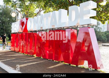 Londrina PR, Brazil - December 23, 2019: Christmas totem in front of Igapo Lake. I Love The Christmas of Londrina in english, at Higienopolis avenue. Stock Photo