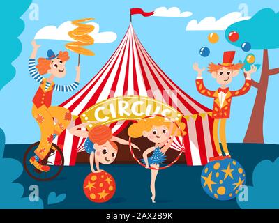 Circus background with artoon cute circus characters Stock Vector