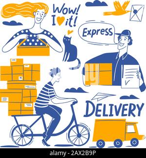Delivery business doodle style infographic design vector set Stock Vector