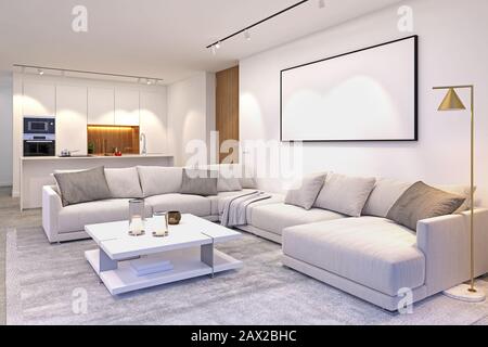Interior scene of modern house space integrating living room and kitchen in grey and white colours showing big couch, table, rug, lamp, decoration pro Stock Photo