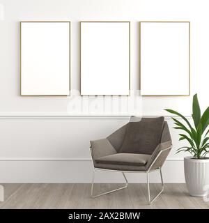 Interior design modern and elegant consisting of armchair with footrest and tropical plant on a pot on white wall with three framed blanck canvas for Stock Photo