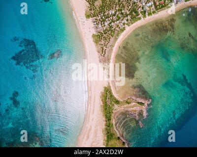 Top down aerial view of tropical paradise Nacpan beack in El Nido, Palawan, Philippines. Stock Photo