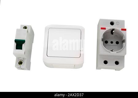 Electric circuit breaker and socket, power outlet isolated on a white background Stock Photo