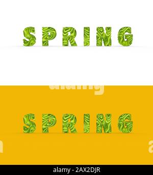 Stylized word text Spring, abstract good texture, there is a shadow. Two words, one on a colored background, the other on a white isolate. Photorealis Stock Photo