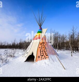 Tipi in winter, Manitoba, Canada. Stock Photo