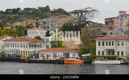 Istanbul, Turkey - September 16th 2019. Passengers wait at the Anadoluhisari ferry station on the Bosphorus in the Beykoz district of Istanbul Stock Photo