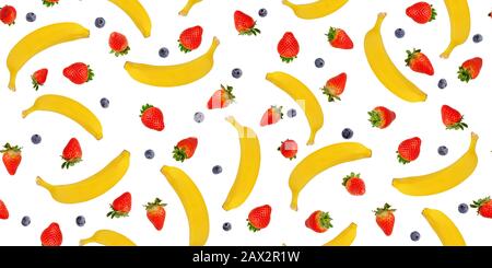 Seamless pattern of banana, strawberry and blueberry on white. Summer fruit and berries background concept Stock Photo