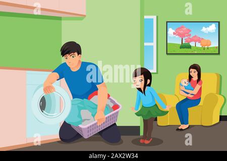 A vector illustration of Father Doing Laundry While Mother and Kids in the Living Room Stock Vector