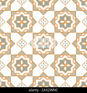 Blue Azulejos pattern portugal tile seamless pattern. Mediterranean ceramic tiles design pastel blue gold colors. Stock Vector