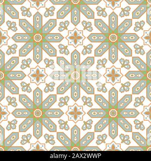 Arabic style tile seamless pattern. Moroccan ceramic tiles design pastel blue gold colors. Stock Vector