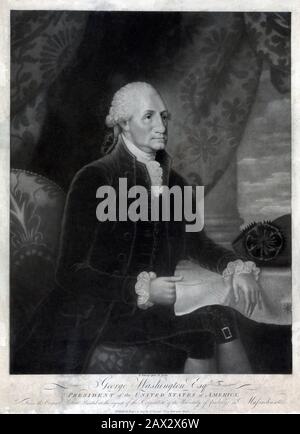 1793 ,  GEORGE WASHINGTON ( 1732 - 1799 ), portrait engraved by Edward Savage ( 1761 - 1817 ) . Print showing George Washington, seated, holding proposed plan for the new capitol city of Washington. Washington  led America's Continental Army to victory over Britain in the American Revolutionary War ( 1775 – 1783 ), and in 1789 was elected the first President of the United States of America. He served two four-year terms from 1789 to 1797, winning reelection in 1792 . Portrait by painter GILBERT STUART ( 1795 - 1796 ) , Washington , National Gallery of Art - POLITICO - POLITICA - POLITIC  -  ST