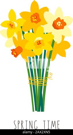 Bouquet of yellow daffodils isolated on white. Floral illustration. Greeting card template for bright spring design. Garden flowers. Narcissus Stock Vector
