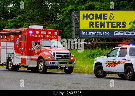 10 February 2020 East Brunswick NJ USA: Fire Trucks in Fire Department on emergency 911 Stock Photo