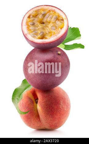 collection of fruits (passion fruits, peach) isolated on a white background. Stock Photo