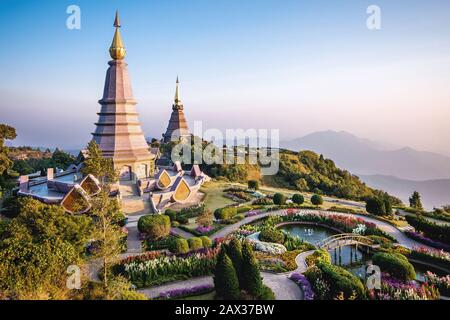 Doi Inthanon landmark twin pagodas at Inthanon mountain near Chiang Mai, Thailand. Stock Photo