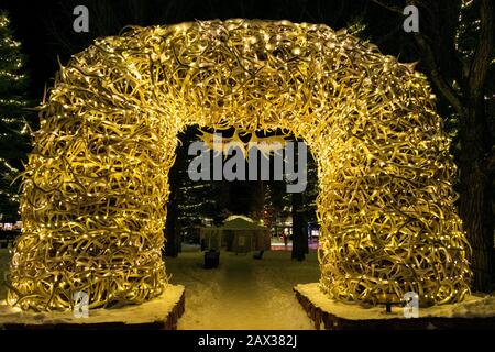 Jackson, Wyoming / USA - Jan 2, 2020: Antler arch over entrance to city park in Jackson Hole, Wyoming. Stock Photo