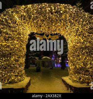 Jackson, Wyoming / USA - Jan 2, 2020: Antler arch over entrance to city park in Jackson Hole, Wyoming. Stock Photo