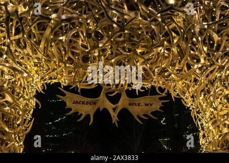 Jackson, Wyoming / USA - Jan 2, 2020: Antler arch over entrance to city park in Jackson Hole, Wyoming. Stock Photo