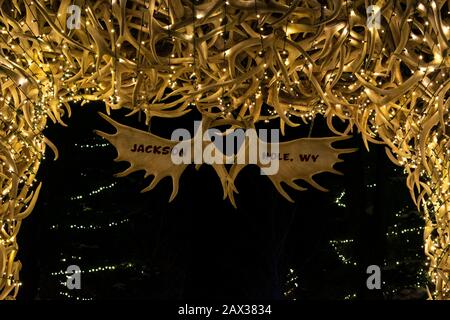 Jackson, Wyoming / USA - Jan 2, 2020: Antler arch over entrance to city park in Jackson Hole, Wyoming. Stock Photo