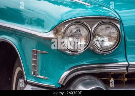 Close up of headlights of Classic Chevrolet of fifties, Malaga, Spain. Stock Photo