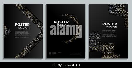 Set of black and gold design templates with rhinestones for brochures, flyers, mobile technologies, applications and online services, social networks, Stock Vector