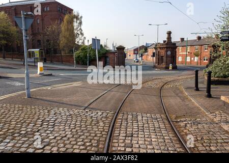 Tramlines, tracks used by vintage trams at Wirral Transport Museum, Woodside, Birkenhead Stock Photo