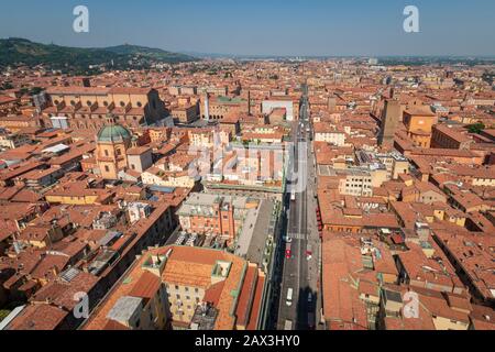 Aerial panoramic cityscape of Bologna, Italy with a view from the top of Asinelli tower in western direction Stock Photo