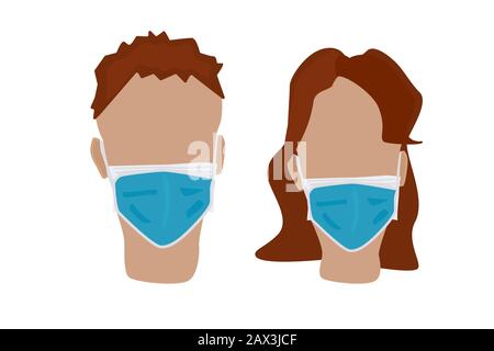 Set of man in a medical mask isolated on white background. Man and woman wearing medical virus mask, coronavirus protection and healthcare.Stock vecto Stock Vector