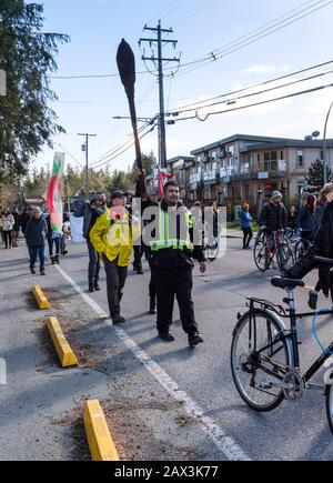 Activists and protesters block an intersection in Tofino, BC, Canada to protest the government and the Coastal GasLink pipeline project Stock Photo