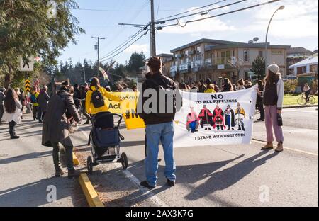 Activists and protesters block an intersection in Tofino, BC, Canada to protest the government and the Coastal GasLink pipeline project Stock Photo