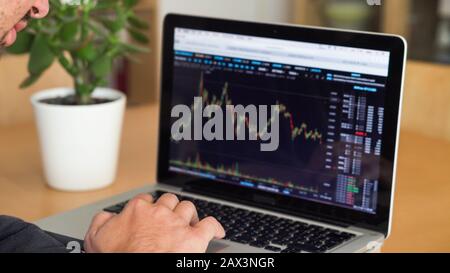 Man working on a laptop, with financial charts displayed. Businesss man at a computer, indoors shot. Stock Photo