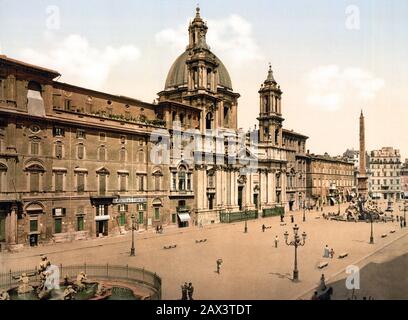 1895 ca. , ROMA,  ITALY :  Piazza NAVONA , the Church of SANTA IRENE by Borromini and Obelisco Four Seas fountain by Bernini  . Photocrom print colors edited by Detroit Publishing Co. - CHIESA  -  ROME - LAZIO -  ITALIA - FOTO STORICHE - HISTORY - GEOGRAFIA - GEOGRAPHY  - ARCHITETTURA - ARCHITECTURE  - Piazza - Place - Square - fountains - fontane ---- Archivio GBB Stock Photo