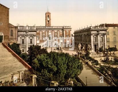 1895 ca. , ROMA,  ITALY :  The CAMPIDOGLIO , Musei Capitolini and Chiesa dell' ARA COELI  . Photocrom print colors edited by Detroit Publishing Co. - CHIESA  -  ROME - LAZIO -  ITALIA - FOTO STORICHE - HISTORY - GEOGRAFIA - GEOGRAPHY  - ARCHITETTURA - ARCHITECTURE  - scalinata - church - Capitol - Capitolium  ---- Archivio GBB Stock Photo