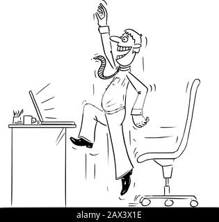 Vector funny comic cartoon drawing of businessman,office worker or man working on computer and jumping and celebrating success. Stock Vector