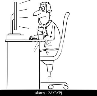 Vector funny comic cartoon drawing of bored man, office worker or businessman working on computer. Stock Vector