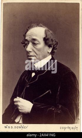 1860 ca, GREAT BRITAIN : The british jewish politician  Benjamin DISRAELI , 1th Earl of Beaconsfield ( 1804 - 1881 ). Photo by W. & D. DOWNEY , London . Was a British Conservative statesman and literary figure. He served in government for three decades, twice as Prime Minister—the first and thus far only person of Jewish parentage to do so (although Disraeli was baptised in the Anglican Church at 13). . Disraeli's biographers believe he was descended from Italian Sephardic Jews from FINALE EMILIA ( Modena )  - Benjamin D'Israeli - D' Israeli -  POLITICO - POLITICA - POLITIC  - Great Britain  - Stock Photo