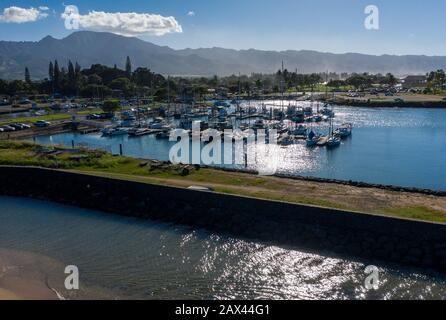 Aerial shot of the river anahulu and the boat harbor in the North Shore town of Haleiwa Stock Photo