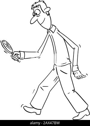 Vector funny comic cartoon drawing of upset man or detective walking with magnifier or magnifying glass and searching for something hidden or clue. Stock Vector