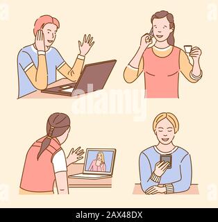 People communicating flat vector illustrations set. Man talking on phone, worker having video call, girls chatting isolated cartoon characters with outline. Online conversation, business dialogue Stock Vector