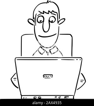 Vector funny comic cartoon drawing of happy office worker or man or businessman or student or author working or typing on computer. Stock Vector