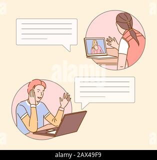 Video call flat vector illustration. Man and woman communicating cartoon characters with outline, internet business conversation, video conference. People talking online with empty speech bubbles Stock Vector