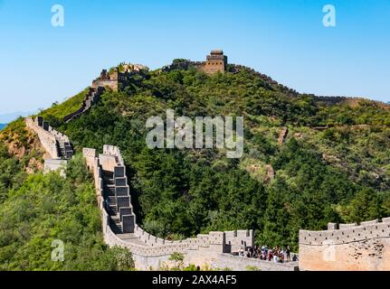 Tourists on Jinshanling Great Wall of China in sunny weather, Hebei Province, China, Asia Stock Photo