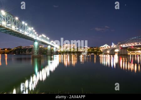 Chattanooga City Skyline along the Tennessee River at Night Stock Photo