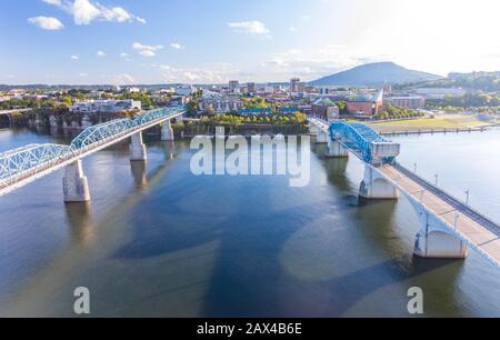 Chattanooga, TN - October 8, 2019: Aerial View of Chattanooga City Skyline along the Tennessee River Stock Photo