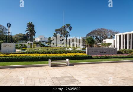 Laie, HI - 24 January 2020: View of the Laie Hawaii Temple of the church of the latter-day saints on Oahu Stock Photo