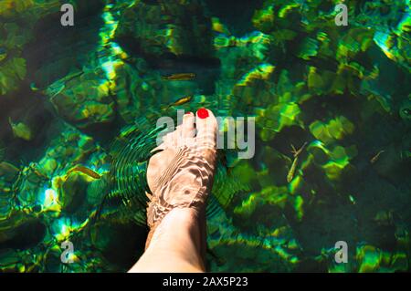 Woman's foot inside the water of a cenote in Dzibilchaltun, Yucatan, Mexico Stock Photo