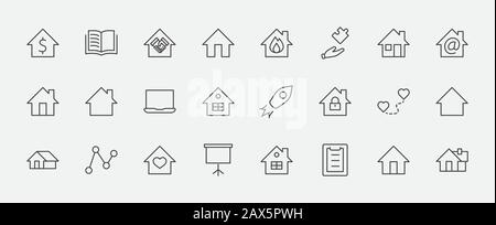 Set of House Vector Home Line Icons. Contains symbols of Conclusion of Contract, Heart, Drop of water, fire, money and more. Editable Stroke. 32x32 pi Stock Vector